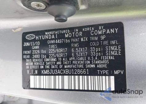 2011 Hyundai Tucson Gls из США, поврежденный, VIN KM8JU3ACXBU128661